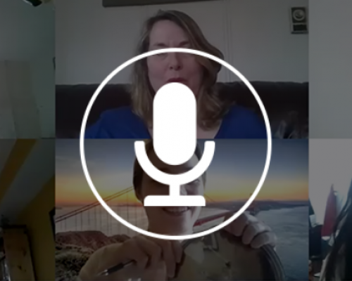 A screenshot of a video conference with a microphone icon overlayed