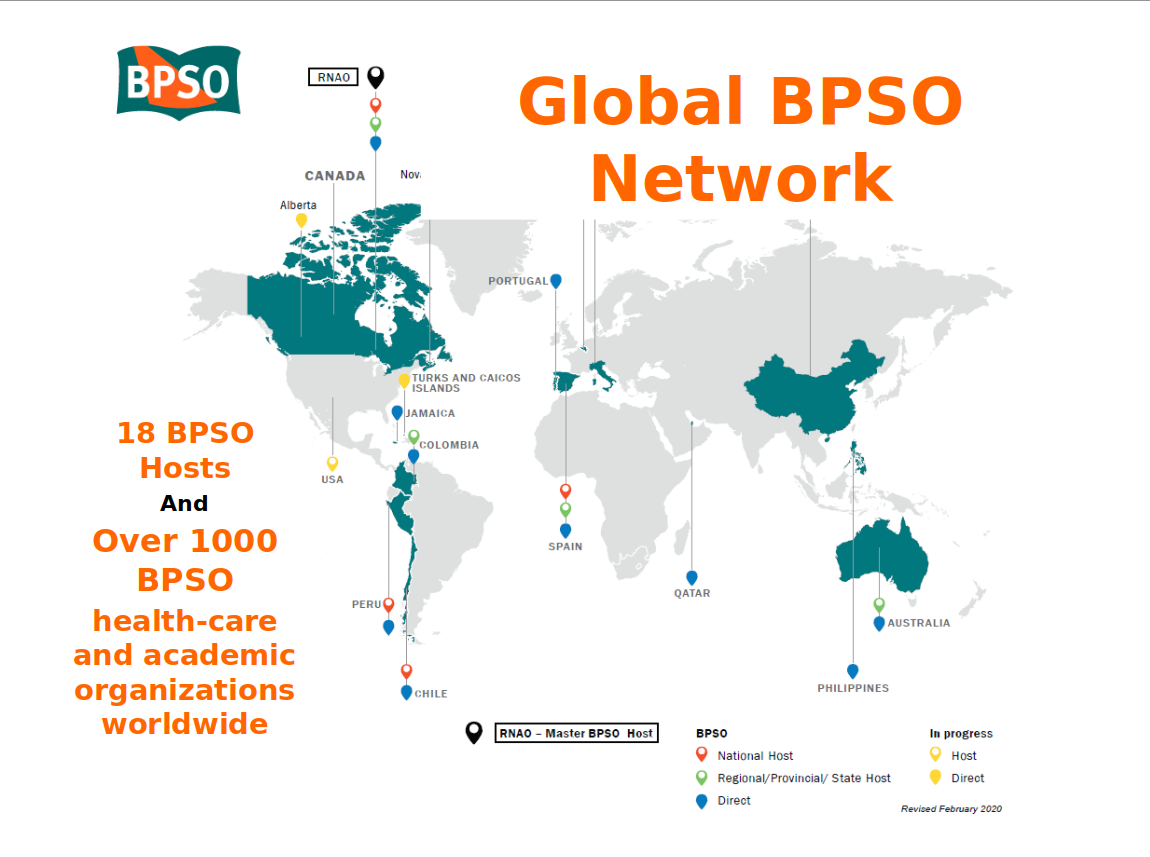 Global BPSO network, 18 BPSO Hosts and over 1000 BPSO health care and academic organizations worldwide. Shown on map.