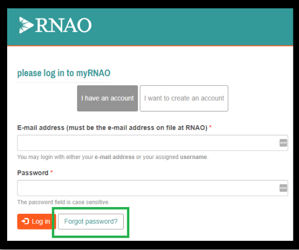 RNAO login screenshot