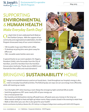 The example is the Environmental Co-operative Program (ECO) from St. Joseph’s Healthcare Hamilton (2015) that was fueled by a grassroots movement They featured stories and photos in newsletters to draw attention to their efforts to effect environmental change. 