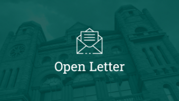 Icon of opened letter over an image Ontario's legislature building