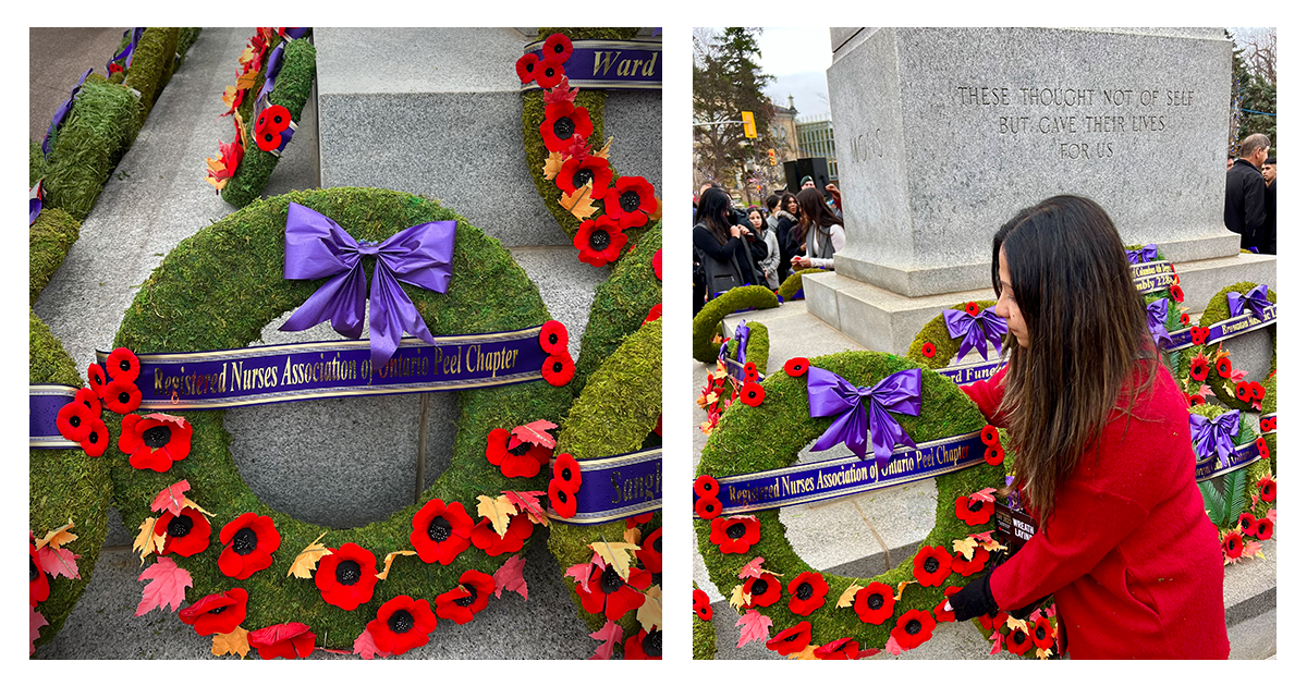 RNAO Peel Chapter's Past President Poonam Sharma lays a wreath at Brampton Cenotaph 2022