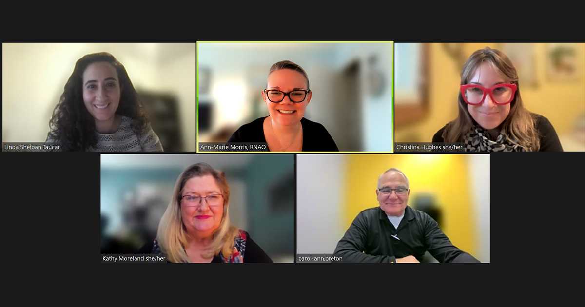 RNAO members Linda Sheiban Taucar (top left), Christina Hughes (top right) and Kathy Moreland (bottom left) along with RNAO health policy coordinator Ann-Marie Morris meet virtually with PC MPP for Cambridge Brian Riddell (bottom right).