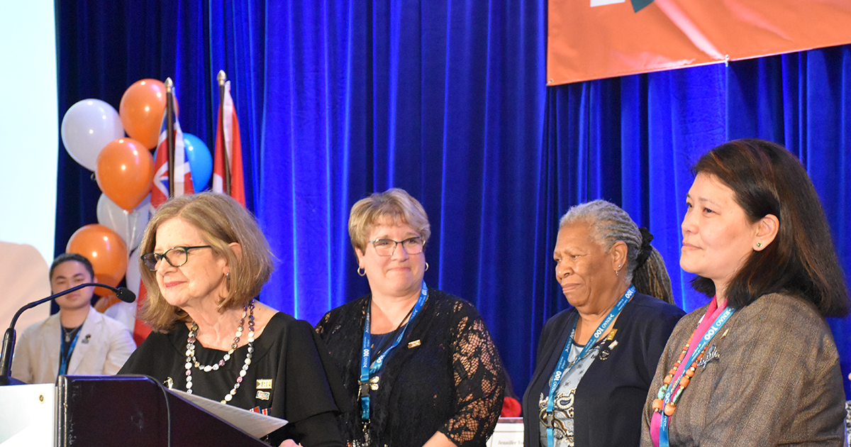 Grinspun (left) thanks (from right) RNAO President NP Lhamo Dolkar and past-president Dr. Claudette Holloway for their leadership. She also welcomed LeBeau as president-elect.  