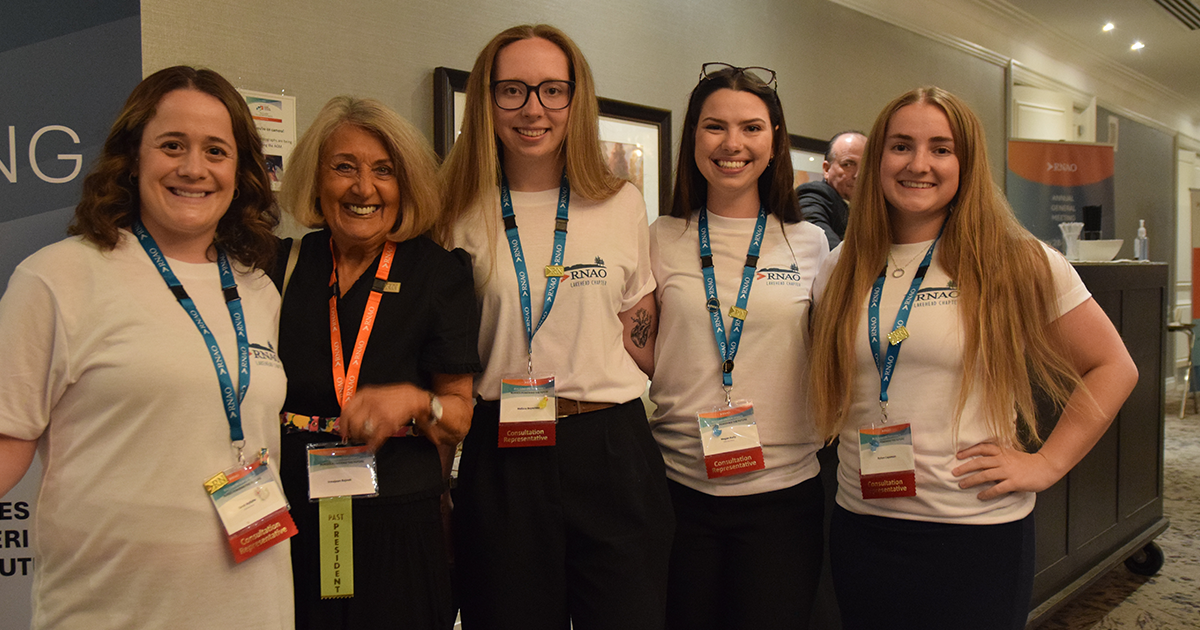Consultation representatives from Lakehead Chapter pose with RNAO past-president and former IABPG director, Dr. Irmajean Bajnok.