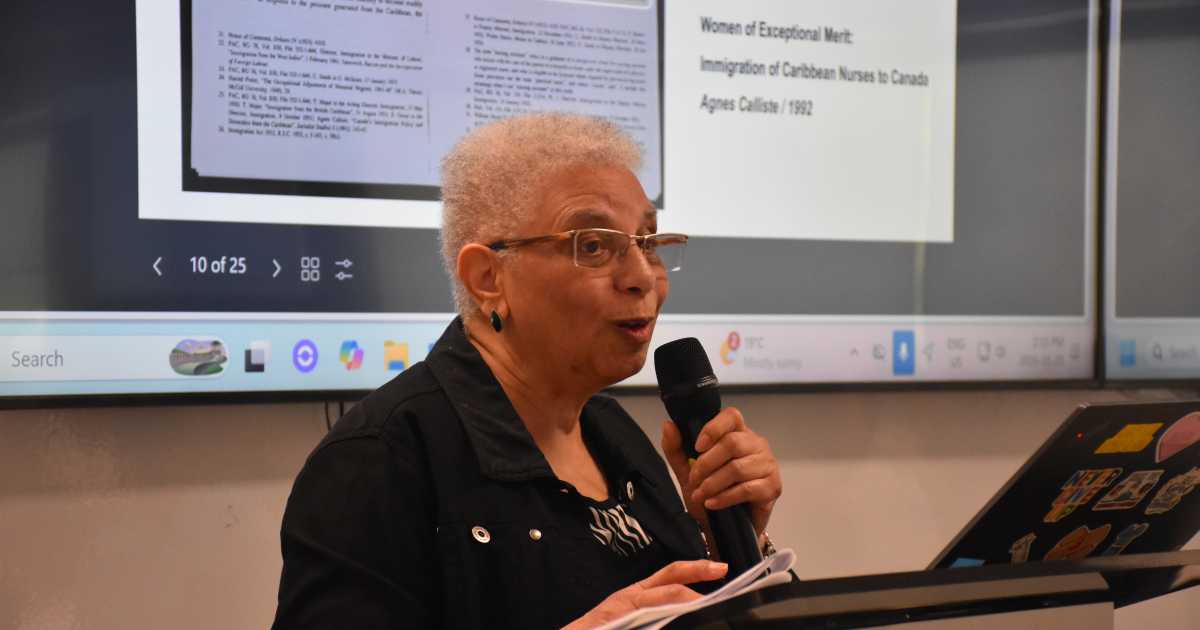 Bernice Redmon, the niece of Bernice Isobel Carnegie Redmon, the first Black RN in Canada, shares some of her aunt’s story with students at the May 28 student luncheon.  