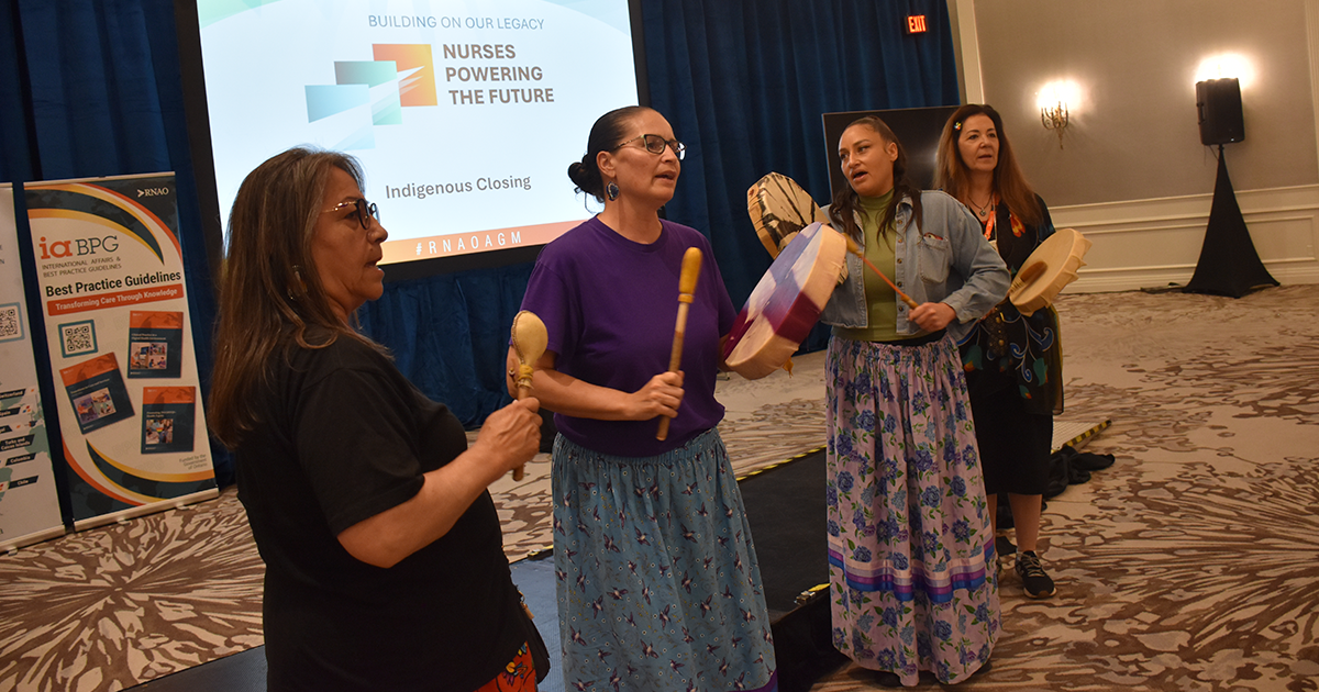 Indigenous musicians perform an Indigenous ceremonial song using drums as part of RNAO AGM closing ceremony.  