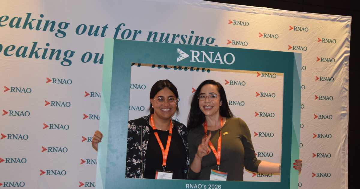 Two RNAO members in front of our Step and Repeat at RNAO’s 101st AGM on May 29, 2026. 