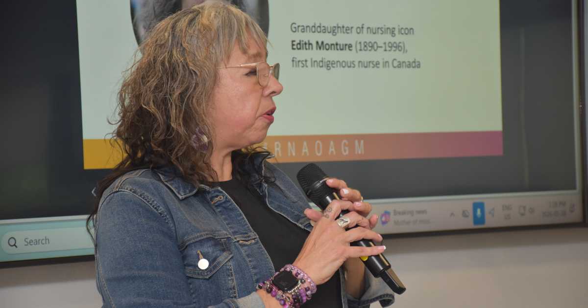 Terri Monture, granddaughter of Edith Monture, the first Indigenous registered nurse in Canada, provides remarks on behalf of her family.  