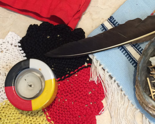 A table decorated with aboriginal colours and symbols