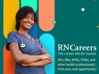 RNCareers, the career site for nurses. Shown: Smiling nurse wearing a stethoscope.