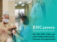 RNCareers, the career site for nurses. Shown: Nurse caring for a senior in a wheelchair