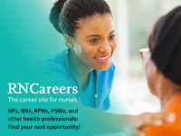 RNCareers, the career site for nurses. Shown: Black nurse caring for a senior.